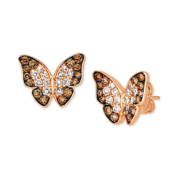 Chocolate Diamond (5/8 ct) & Vanilla Diamond (1/10 ct) Butterfly Stud Earrings in 14k Rose Gold