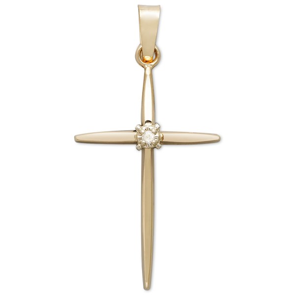 14k Yellow Gold Pendant, Diamond Accent Slim Line Cross