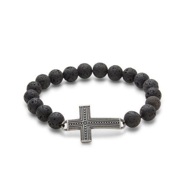 Men's Lava Rock Antiqued Cross Bead Bracelet