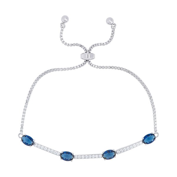 Sapphire and Cubic Zirconia Oval Adjustable Bracelet in Fine Silver Plate