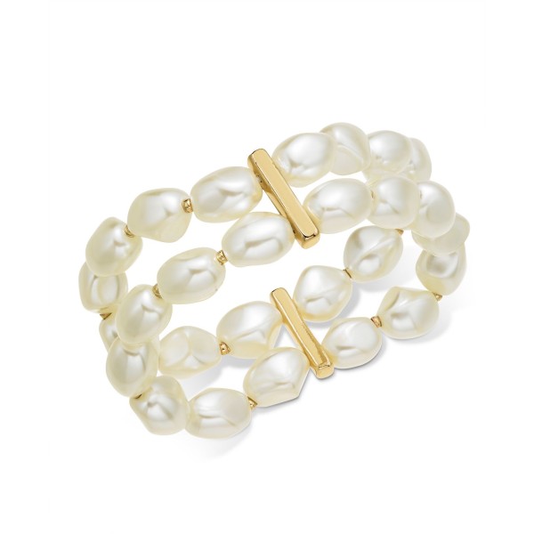 Gold-Tone Imitation Pearl Double-Row Stretch Bracelet