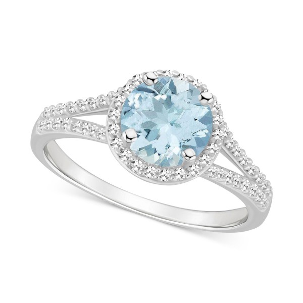 Aquamarine (1-1/4 ct) & Diamond (1/4 ct) Halo Split Shank Ring