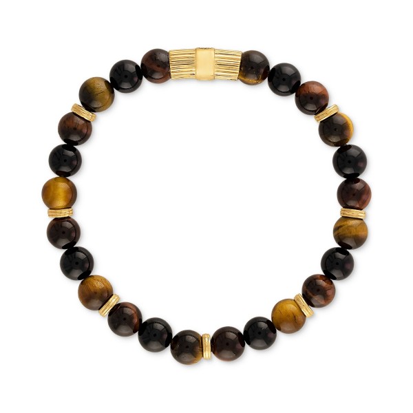 Multicolor Tiger Eye Beaded Stretch Bracelet in 14k Gold-Plated Sterling Silver