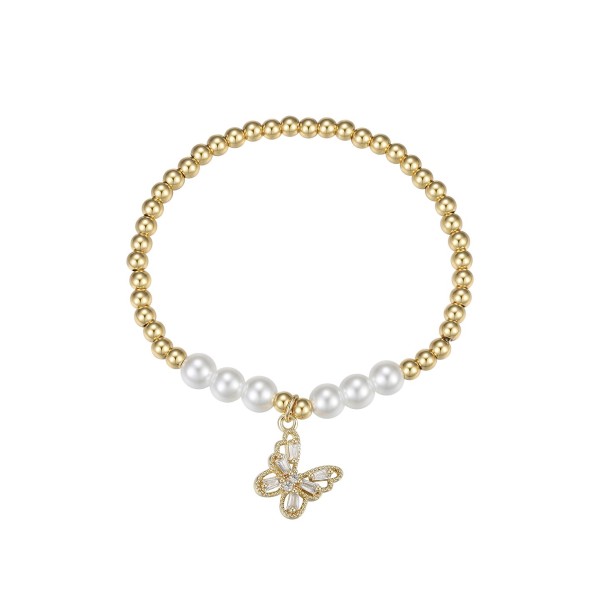 Simulated Imitation Pearl and Cubic Zirconia Butterfly Charm Stretch Bracelet