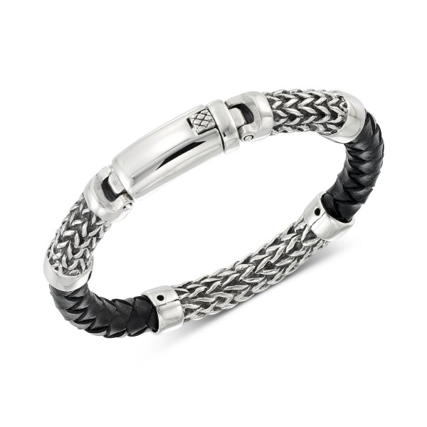 Black Leather Bracelet in Stainless Steel