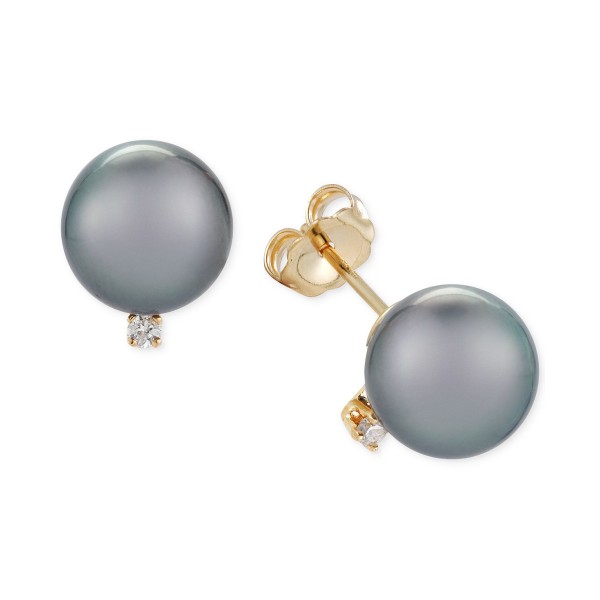 Cultured Tahitian Pearl (9mm) and Diamond Accent Stud Earrings in 14k Gold