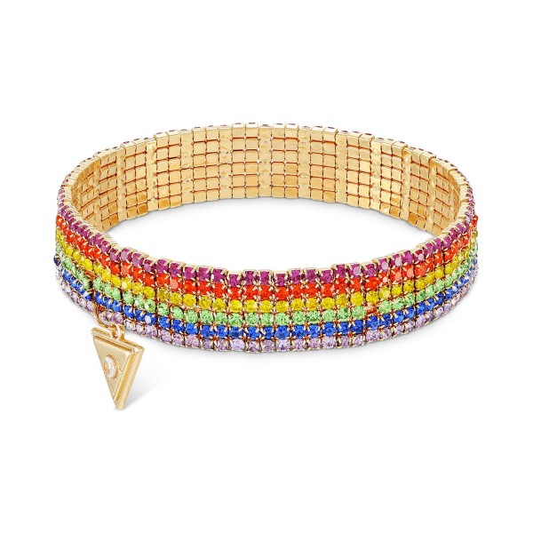 Gold-Tone Rainbow Rhinestone Multi-Row Stretch Bracelet